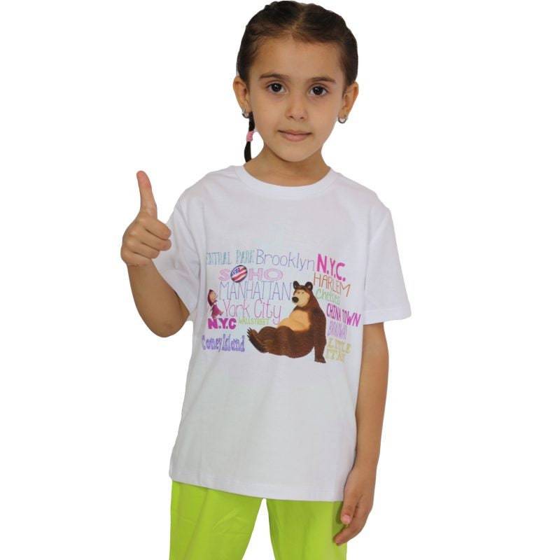 Masha and The Bear Crew Neck Short Sleeve T-Shirt, featuring delightful "Travel US" graphics!