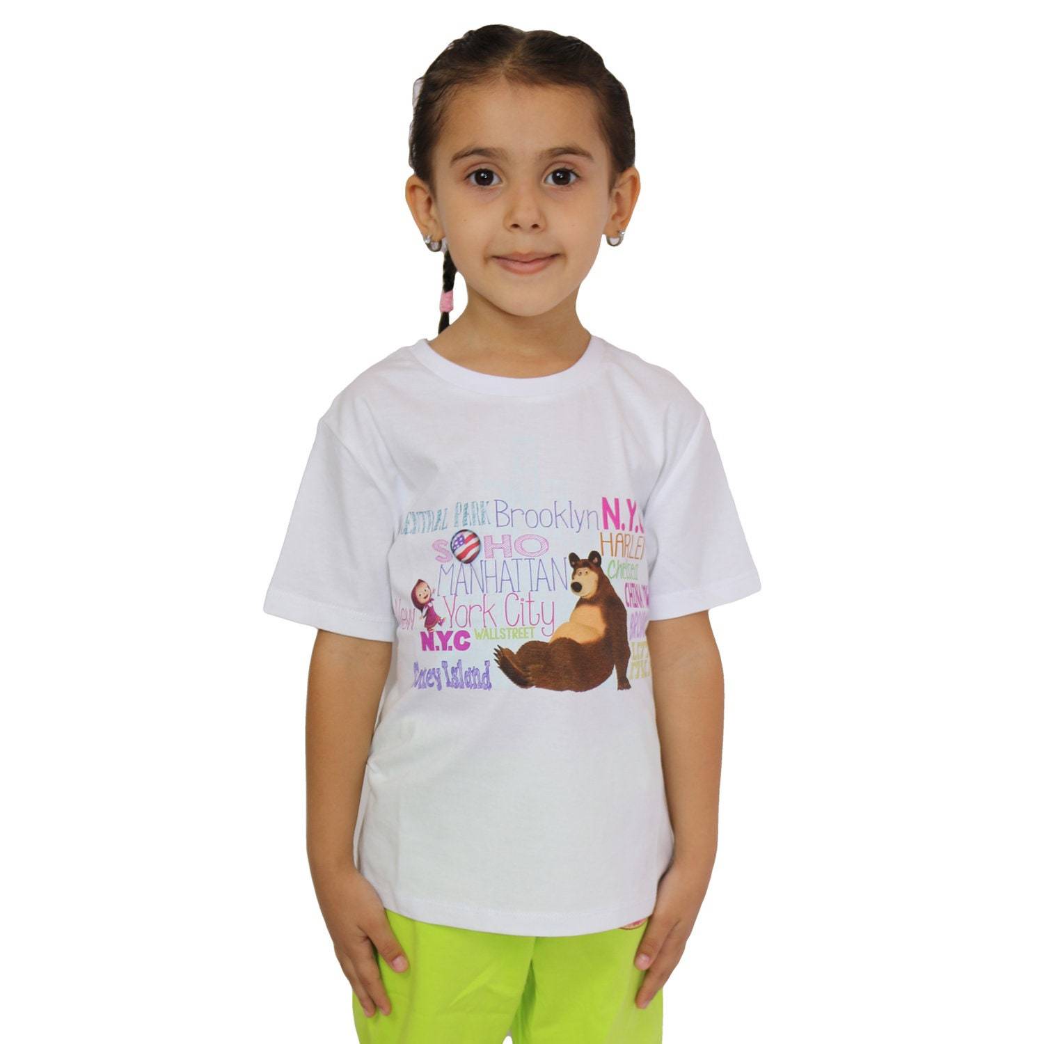 Masha and The Bear Crew Neck Short Sleeve T-Shirt, featuring delightful "Travel US" graphics!